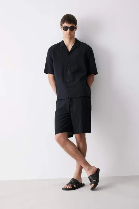 Relax Fit Polo Collar Cotton Summer Muslin Short Sleeve Black Shirt-Black - 2