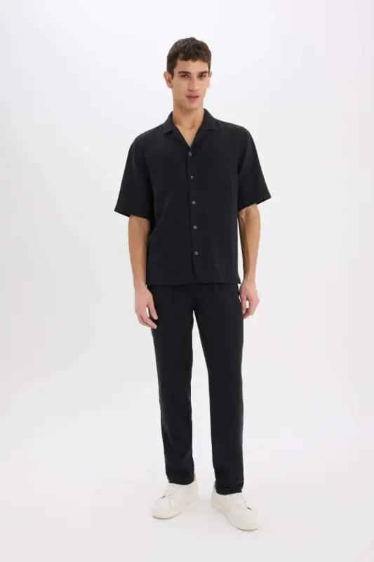Relax Fit Polo Collar Cotton Summer Muslin Short Sleeve Black Shirt-Black - 4