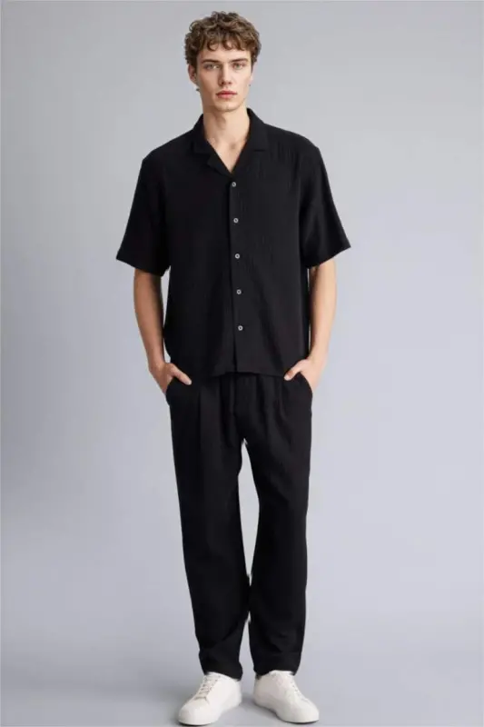 Relax Fit Polo Collar Cotton Summer Muslin Short Sleeve Black Shirt-Black - 2
