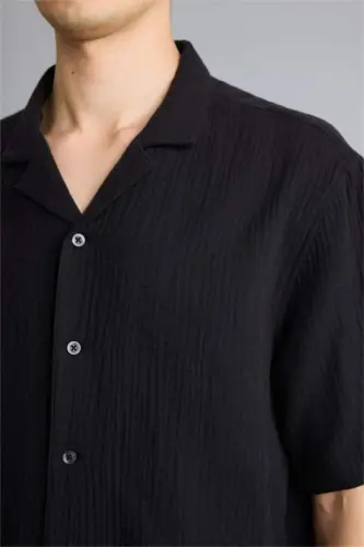 Relax Fit Polo Collar Cotton Summer Muslin Short Sleeve Black Shirt-Black - 4