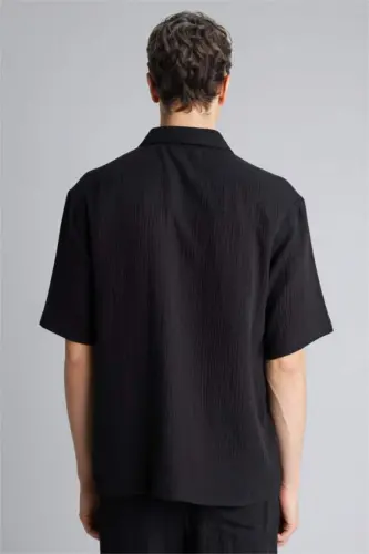 Relax Fit Polo Collar Cotton Summer Muslin Short Sleeve Black Shirt-Black - 5