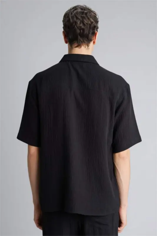 Relax Fit Polo Collar Cotton Summer Muslin Short Sleeve Black Shirt-Black - 5