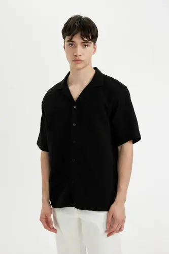 Relax Fit Polo Collar Cotton Summer Muslin Short Sleeve Black Shirt-Black - 3