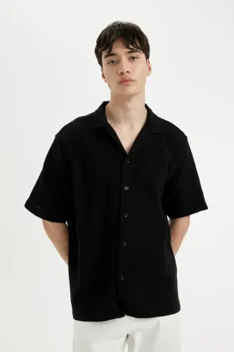 Relax Fit Polo Collar Cotton Summer Muslin Short Sleeve Black Shirt-Black - 5