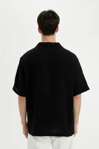 Relax Fit Polo Collar Cotton Summer Muslin Short Sleeve Black Shirt-Black - 8