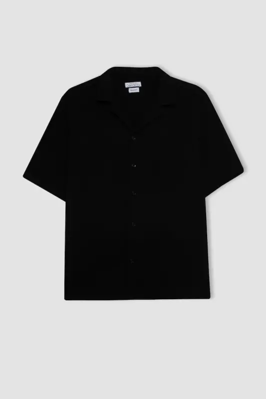 Relax Fit Polo Collar Cotton Summer Muslin Short Sleeve Black Shirt-Black - 9