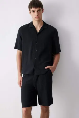 Relax Fit Polo Воротник Хлопковая Летняя Муслиновая Футболка с Короткими Рукавами Черная Рубашка-Черный - 1