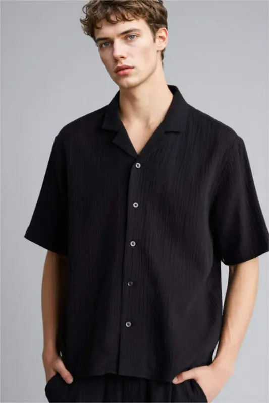 Relax Fit Polo Воротник Хлопковая Летняя Муслиновая Футболка с Короткими Рукавами Черная Рубашка-Черный - 1