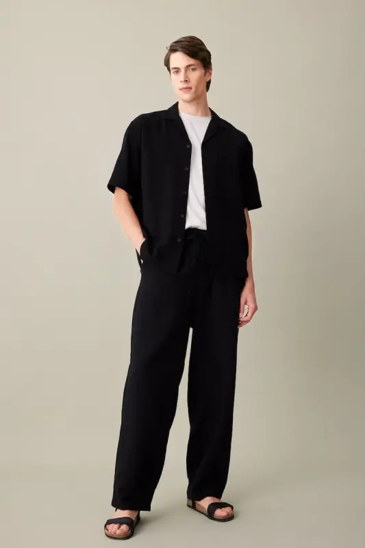 Relax Fit Polo Воротник Хлопковая Летняя Муслиновая Футболка с Короткими Рукавами Черная Рубашка-Черный - DEFACTO