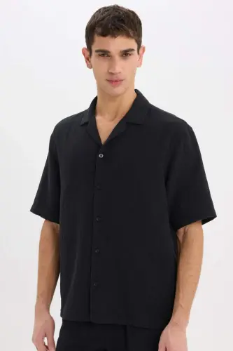 Relax Fit Polo Yoqali Paxtali Yozgi Muslin Qisqa Yengli Qora Ko'ylak-Qora - 3