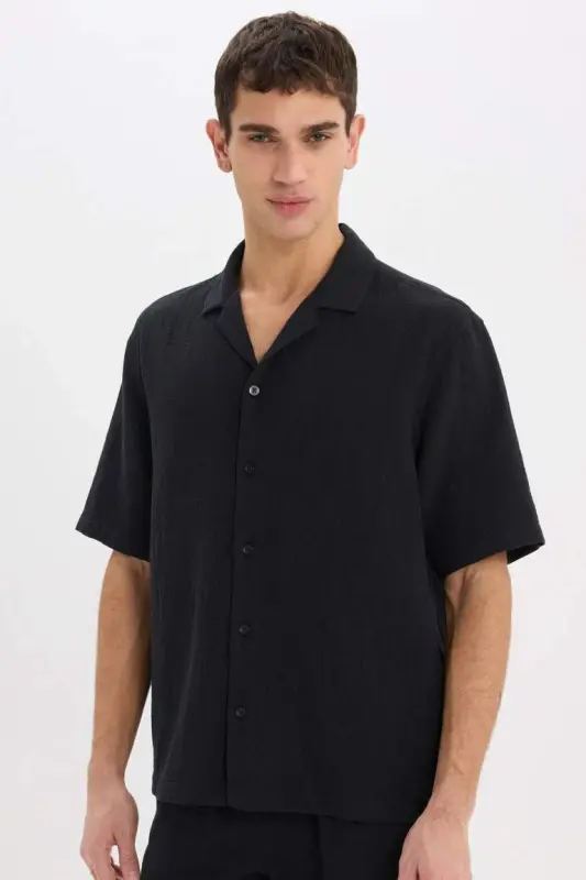 Relax Fit Polo Yoqali Paxtali Yozgi Muslin Qisqa Yengli Qora Ko'ylak-Qora - 3