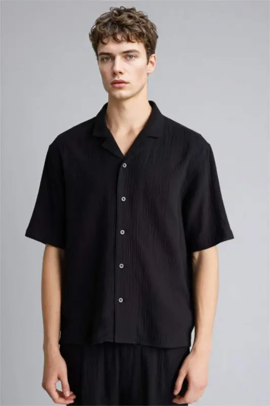 Relax Fit Polo Yoqali Paxtali Yozgi Muslin Qisqa Yengli Qora Ko'ylak-Qora - 3