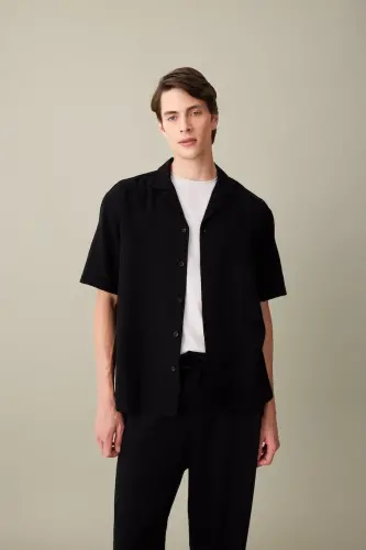 Relax Fit Polo Yoqali Paxtali Yozgi Muslin Qisqa Yengli Qora Ko'ylak-Qora - DEFACTO (1)