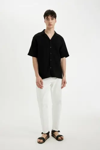 Relax Fit Polo Yoqali Paxtali Yozgi Muslin Qisqa Yengli Qora Ko'ylak-Qora - 4