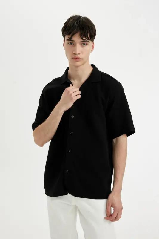 Relax Fit Polo Yoqali Paxtali Yozgi Muslin Qisqa Yengli Qora Ko'ylak-Qora - 6