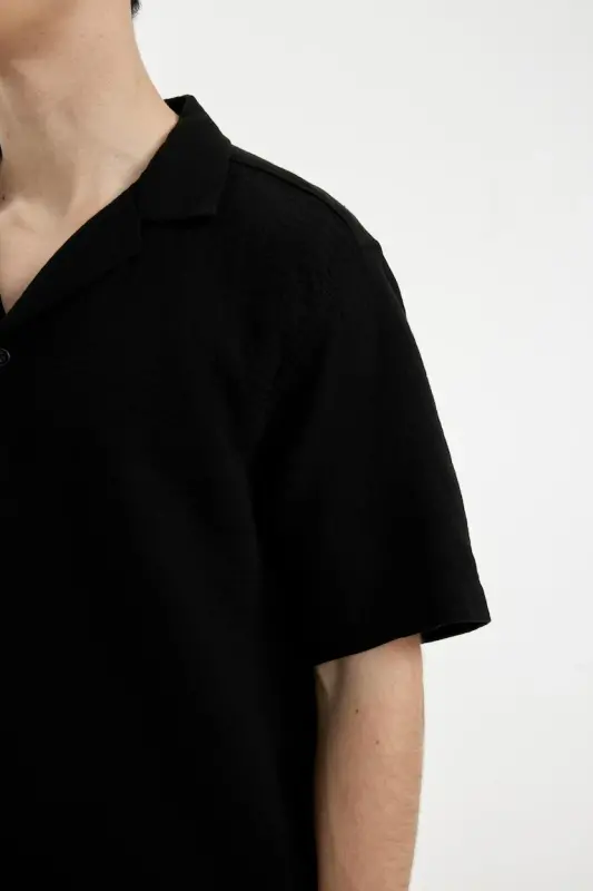Relax Fit Polo Yoqali Paxtali Yozgi Muslin Qisqa Yengli Qora Ko'ylak-Qora - 7