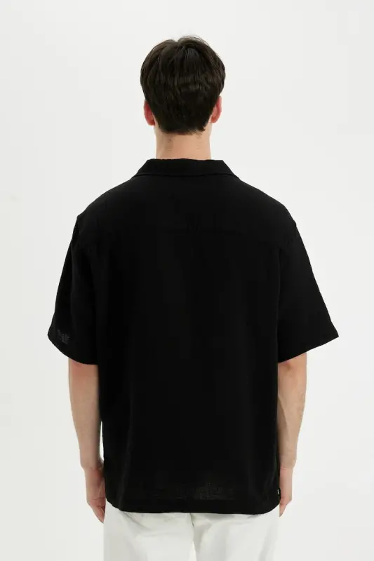 Relax Fit Polo Yoqali Paxtali Yozgi Muslin Qisqa Yengli Qora Ko'ylak-Qora - 8