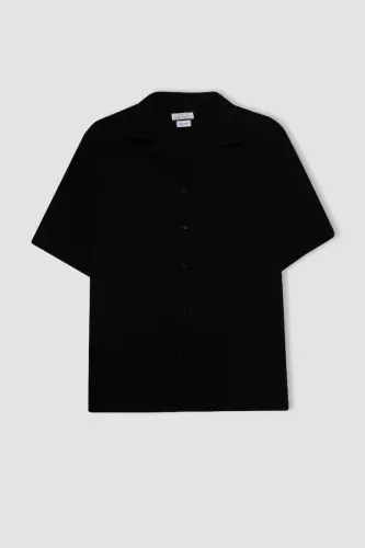 Relax Fit Polo Yoqali Paxtali Yozgi Muslin Qisqa Yengli Qora Ko'ylak-Qora - 9