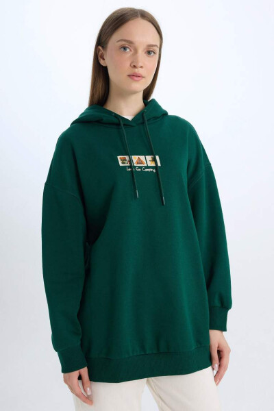 Relax Fit Printed Hoodie with Soft Fur Lining, Thick Sweatshirt Tunic in Dark Green - 1