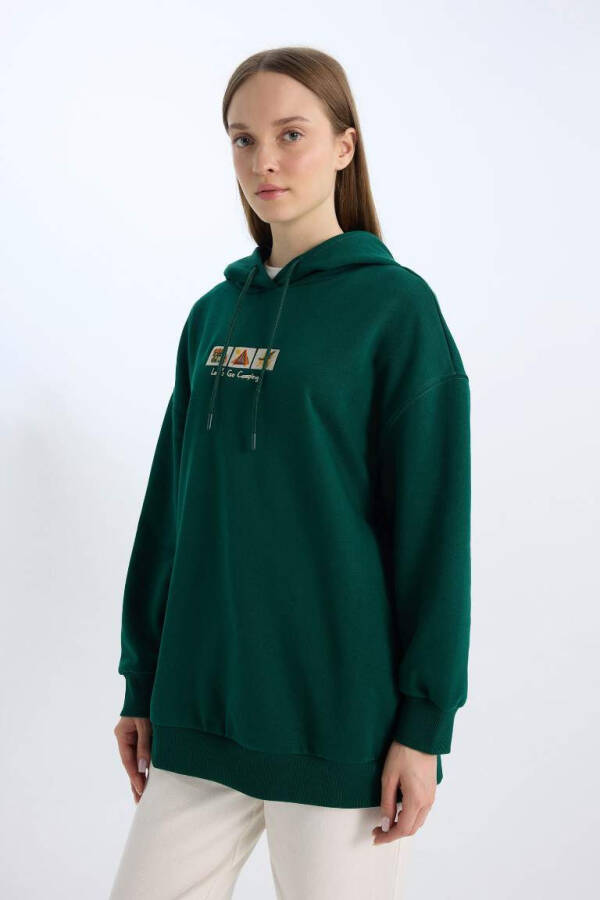 Relax Fit Printed Hoodie with Soft Fur Lining, Thick Sweatshirt Tunic in Dark Green - 3