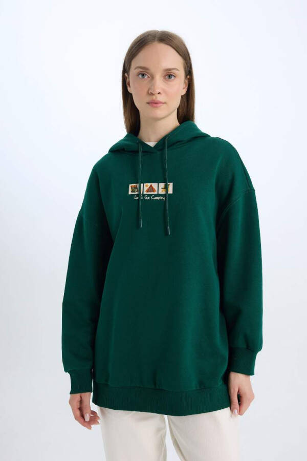 Relax Fit Printed Hoodie with Soft Fur Lining, Thick Sweatshirt Tunic in Dark Green - 4