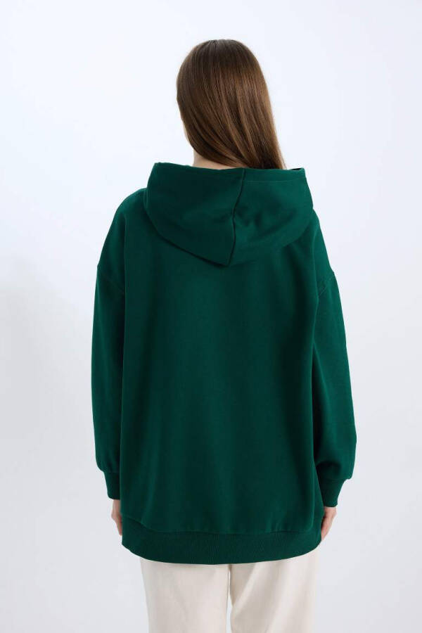 Relax Fit Printed Hoodie with Soft Fur Lining, Thick Sweatshirt Tunic in Dark Green - 6