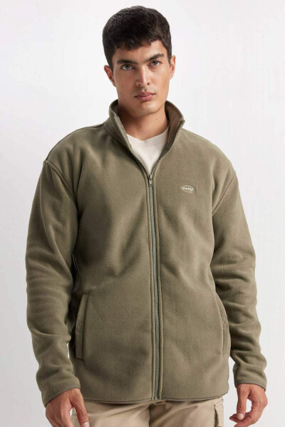 Relax Fit Stand Collar Fleece Zip Sweatshirt Khaki - 1