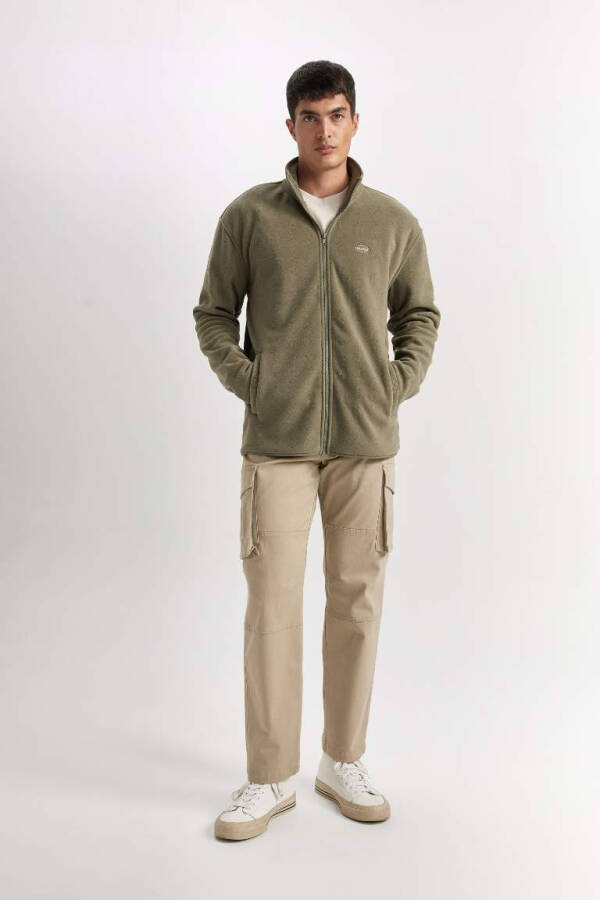 Relax Fit Stand Collar Fleece Zip Sweatshirt Khaki - 2