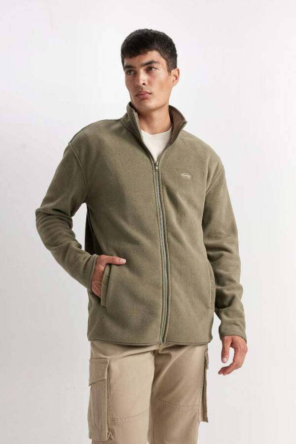 Relax Fit Stand Collar Fleece Zip Sweatshirt Khaki - 3