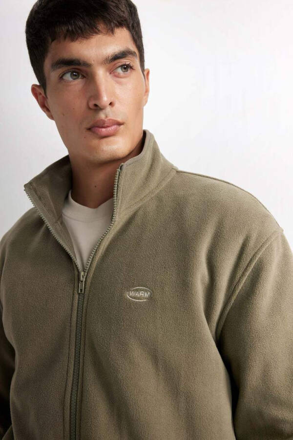 Relax Fit Stand Collar Fleece Zip Sweatshirt Khaki - 4