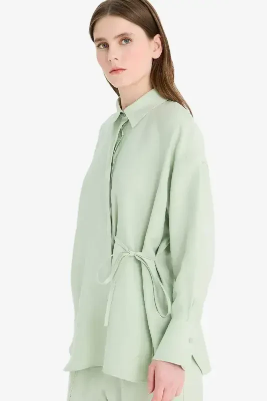 Relax Fit Tie Waist Modal Long Sleeve Shirt Modest Tunic-Mint - 1