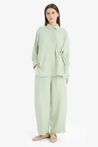 Relax Fit Tie Waist Modal Long Sleeve Shirt Modest Tunic-Mint - DEFACTO (1)