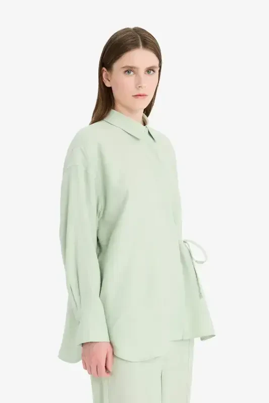 Relax Fit Tie Waist Modal Long Sleeve Shirt Modest Tunic-Mint - 3