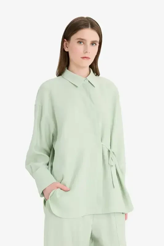 Relax Fit Tie Waist Modal Long Sleeve Shirt Modest Tunic-Mint - 4