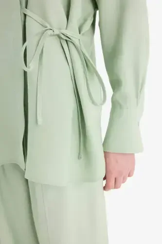 Relax Fit Tie Waist Modal Long Sleeve Shirt Modest Tunic-Mint - 5