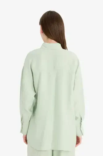 Relax Fit Tie Waist Modal Long Sleeve Shirt Modest Tunic-Mint - 6