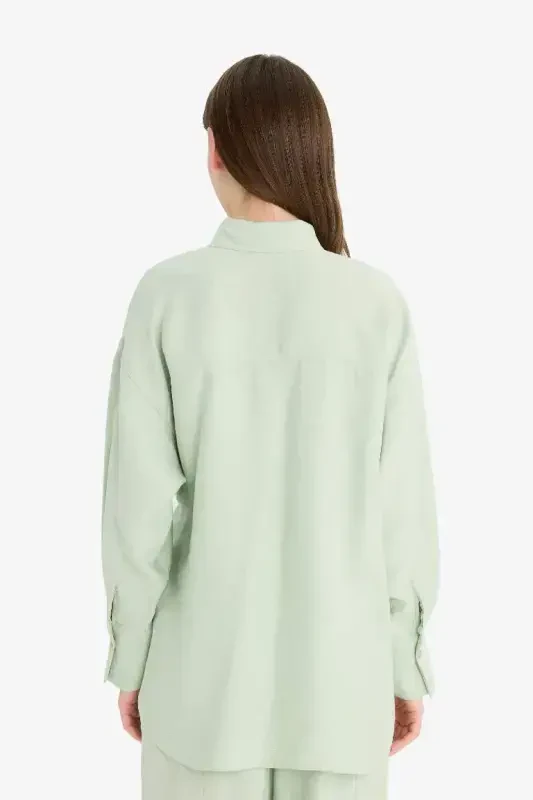 Relax Fit Tie Waist Modal Long Sleeve Shirt Modest Tunic-Mint - 6