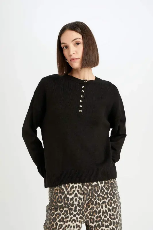 Relax Fit Трикотажный Свитер с Пуговицами D4913axns-Siyah - 8