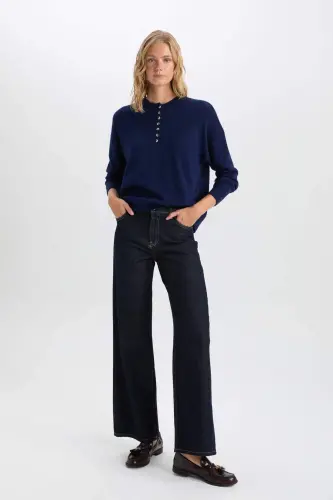 Relax Fit Tugmali Yoqali Trikotaj Kozok D4913axns-Lacivert - 7