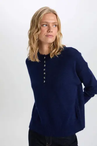 Relax Fit Tugmali Yoqali Trikotaj Kozok D4913axns-Lacivert - 8