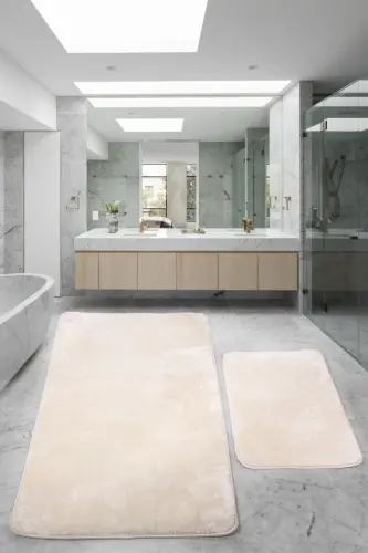 Relax Krem 80x150 + 50x80 cm. Büyük Ebat 2'li Banyo Halısı Paspası Seti Kaymaz Klozet Takımı-Krem 