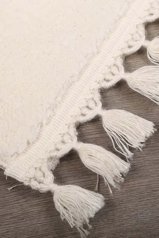 Relax Krem Saçaklı Leke Tutmaz Kaymaz Taban Yıkanabilir Yolluk Uzun Tüylü Peluş Post Modern Halı-Krem - 2