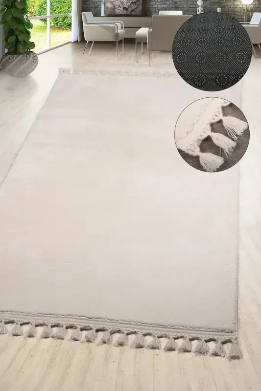 Relax Krem Sochli, Dog 'utmaydigan, Sirpanmaydigan Taglik, Yuviladigan Gilamcha, Uzun Tukli, Yumshoq, Postmodern Gilam-Krem - DOKUMACIOĞLU