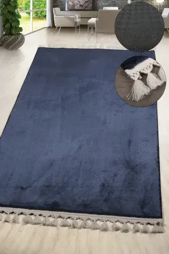 Relax Navy Blue Fringed Stain Resistant Non-Slip Washable Runner Long Furry Plush Post Modern Carpet-Navy Blue - 1