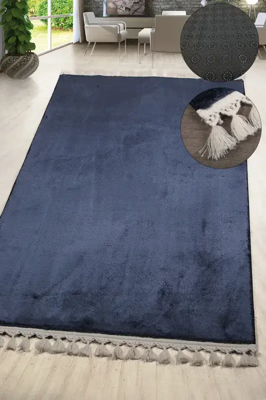 Relax Navy Blue Fringed Stain Resistant Non-Slip Washable Runner Long Furry Plush Post Modern Carpet-Navy Blue - 1