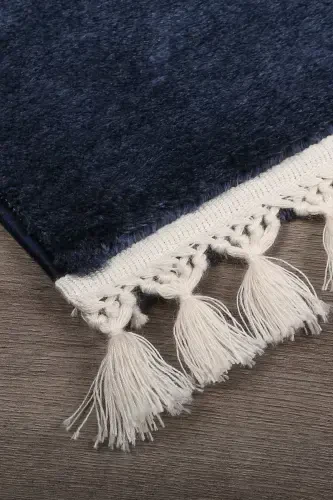 Relax Navy Blue Fringed Stain Resistant Non-Slip Washable Runner Long Furry Plush Post Modern Carpet-Navy Blue - 2
