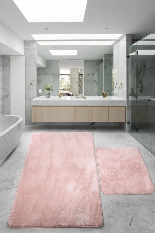 Relax Pudra 80x150 + 50x80 sm. Katta o'lchamli 2 tualet gilami to'plami Sirpanmaydigan unitaz to'plami-Pudra - BONNY HOME