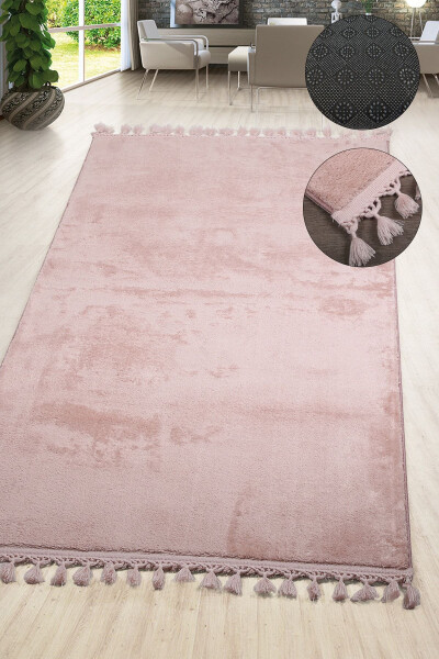 Relax Pudra Saçaklı Leke Tutmaz Kaymaz Taban Yıkanabilir Yolluk Uzun Tüylü Peluş Post Modern Halı-Pudra - DOKUMACIOĞLU