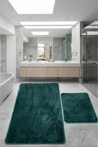 Relax Yeşil 80x150 + 50x80 cm. Büyük Boy 2'li Banyo Halısı Paspası Seti Kaymaz Klozet Takımı - Petrol Yeşili - 1