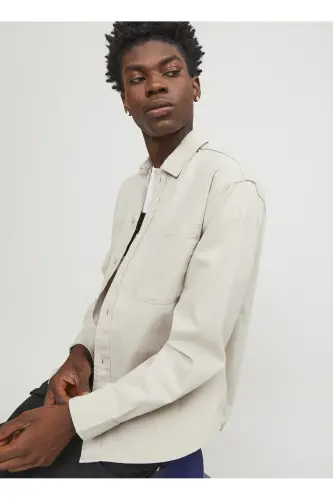 Relaxed cream men's shirt JCOCOLLECTIVE ZAC OVERSHIRT LS SN - 6